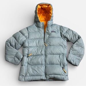 Patagonia Kids High Loft Down Sweater Hoody in Grey & Orange Jacket- size L